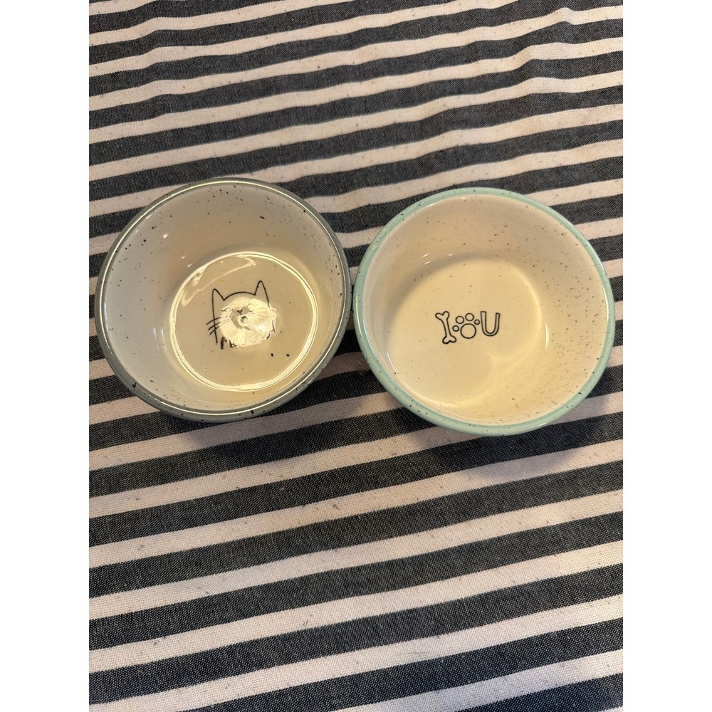 Set of 2 Ceramic Speckled Pet Bowls Meow and I Love You‎ Cat Dog Dishes Cream
